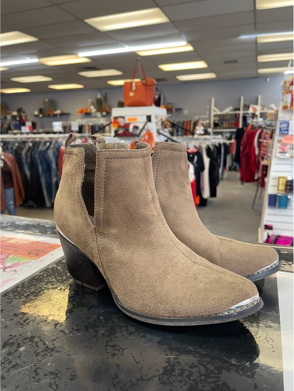 Women's Tan Suede Ankle Heeled Boots Size 7.5